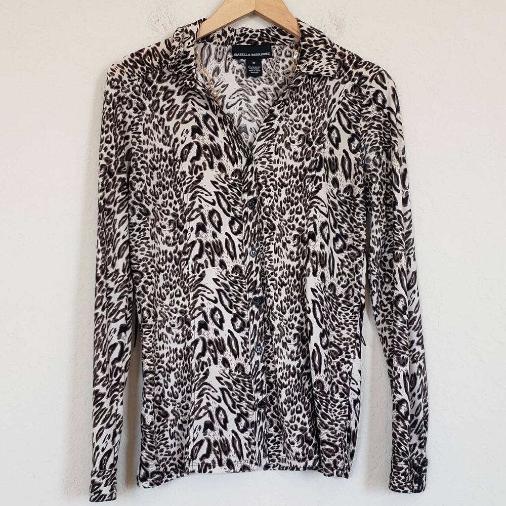 Isabella Rodriguez Leopard Print Button Front Top Blouse Womens Medium Mob Wife